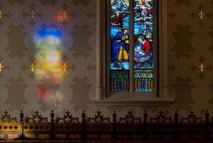 December 4, 2020; Nativity window in the Lady Chapel of the Basilica of the Sacred Heart. (Photo by Barbara Johnston/University of Notre Dame)