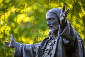 May 9, 2023; Detail of the Sacred Heart Jesus statue on Main Quad (Photo by Matt Cashore/University of Notre Dame)